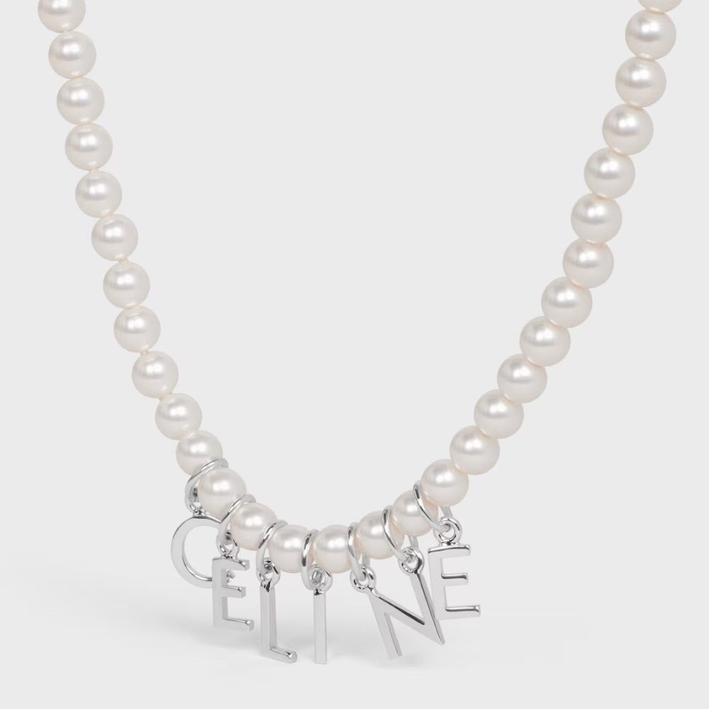 CELINE MONOCHROMS NECKLACE IN GLASS PEARLS AND BRASS WITH RHODIUM FINISH